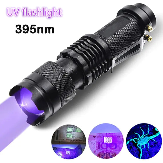 Purple White Dual Light Flashlight LED Ultraviolet Torch Zoom Retractable