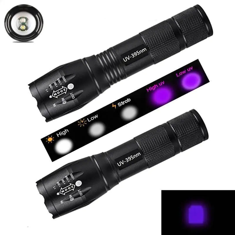 Purple White Dual Light Flashlight LED Ultraviolet Torch Zoom Retractable